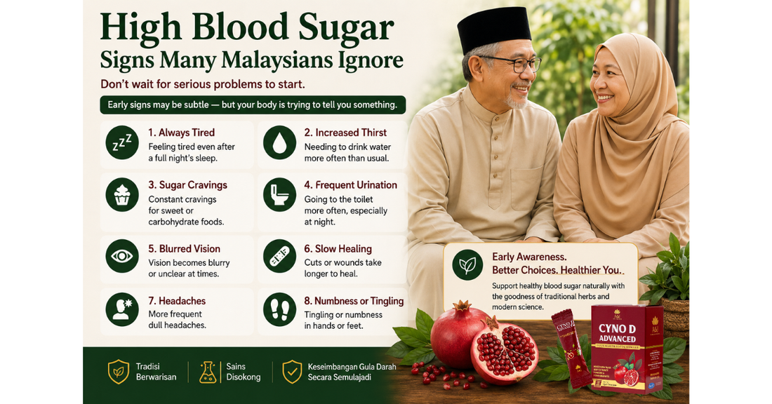 Infographic showing common high blood sugar warning signs many Malaysians ignore, featuring an older Malaysian couple, diabetes symptoms list, pomegranate imagery, and wellness support visuals.